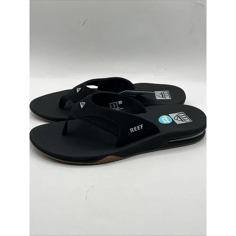 REEF Fanning Mens 10 Water Friendly Bottle Opener Sandals Flip Flops Black NWT